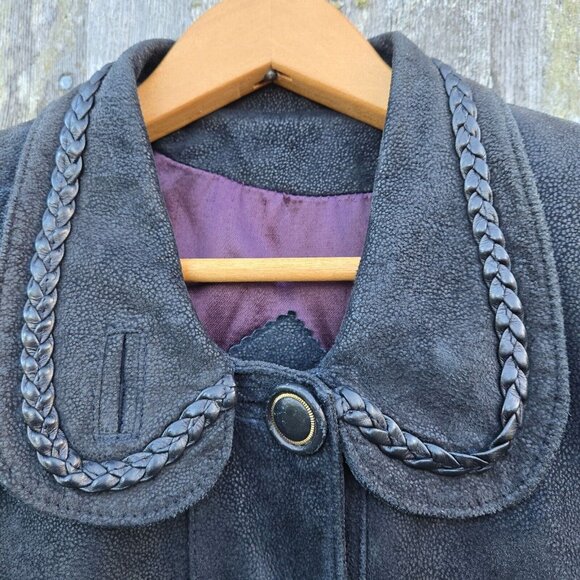 Vintage Black Leather Trench Coat jacket Womens Size L Braided Trim Mid Length - Picture 3 of 14